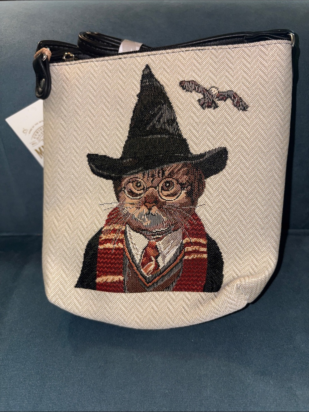 Beige Tapestry Cat Wizard Crossbody Bag with Maroon Accent